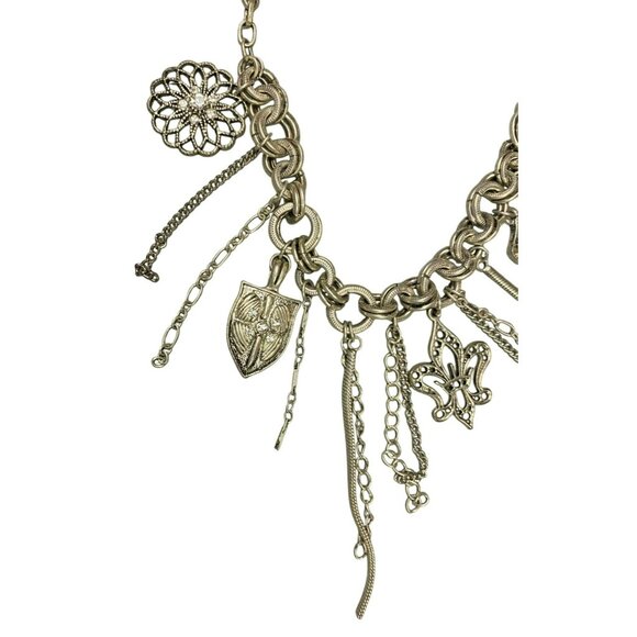 Steampunk Waterfall Charm Necklace With Key, Shield, Crown and Fleur-De-Lis Char - Picture 4 of 9